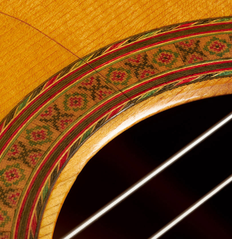 Detail of the rosette of a 1987 Francisco Barba flamenco guitar made of spruce and cypress