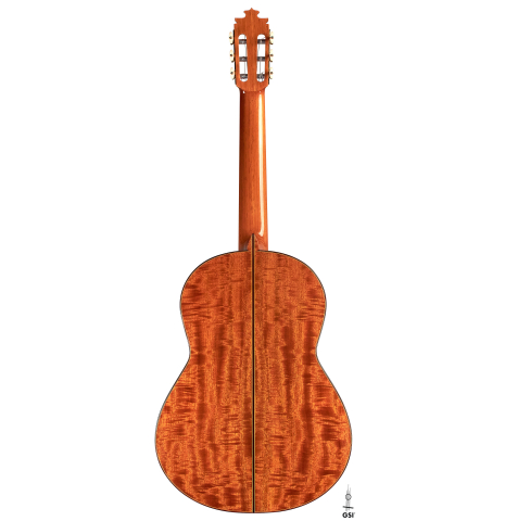 The back of a 2021 Francisco Barba CD/MH Flamenco guitar made with cedar top and mahogany back and sides