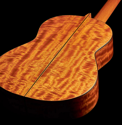 The back of a 2021 Francisco Barba CD/MH Flamenco guitar made with cedar top and mahogany back and sides