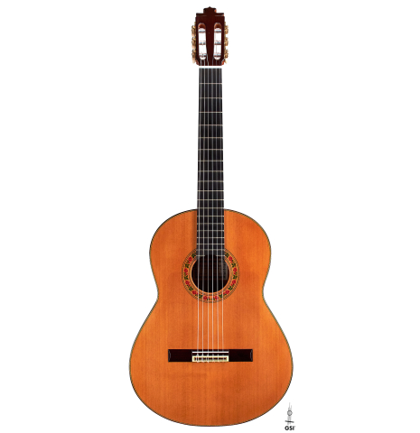 The front of a 2021 Francisco Barba CD/MH Flamenco guitar made with cedar top and mahogany back and sides