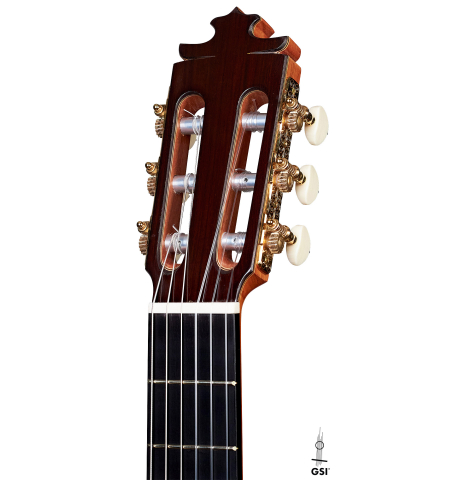 The headstock of a 2021 Francisco Barba CD/MH Flamenco guitar made with cedar top and mahogany back and sides
