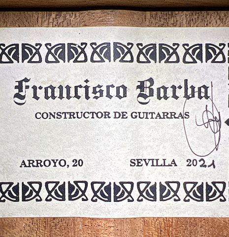 The label of a 2021 Francisco Barba CD/MH Flamenco guitar made with cedar top and mahogany back and sides