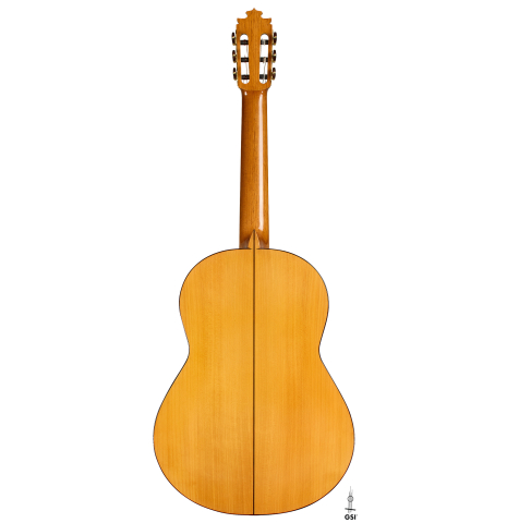 The back of a 2003 Francisco Barba flamenco guitar made of spruce and cypress