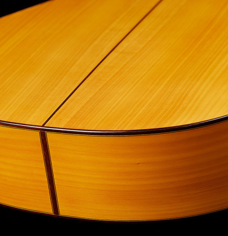 The back and sides of a 2003 Francisco Barba flamenco guitar made of spruce and cypress