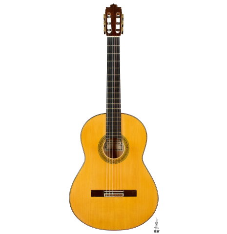 The front of a 2003 Francisco Barba flamenco guitar made of spruce and cypress