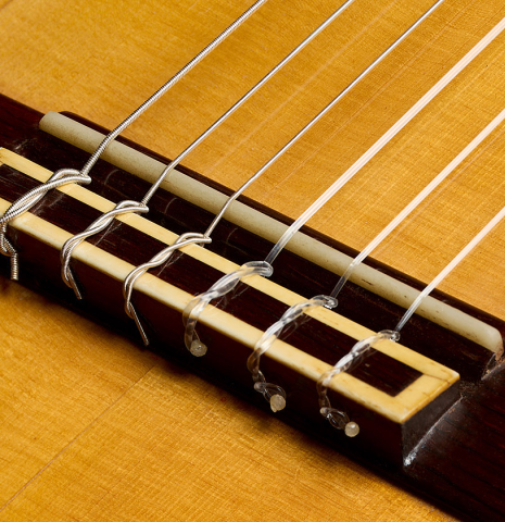 The bridge, tie-block and saddle of a 1966 Marcelo Barbero (Hijo) flamenco guitar made of spruce and cypress