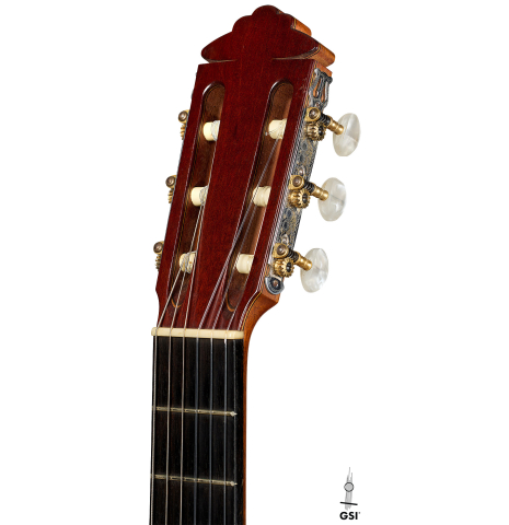 The headstock of a 1966 Marcelo Barbero (Hijo) flamenco guitar made of spruce and cypress