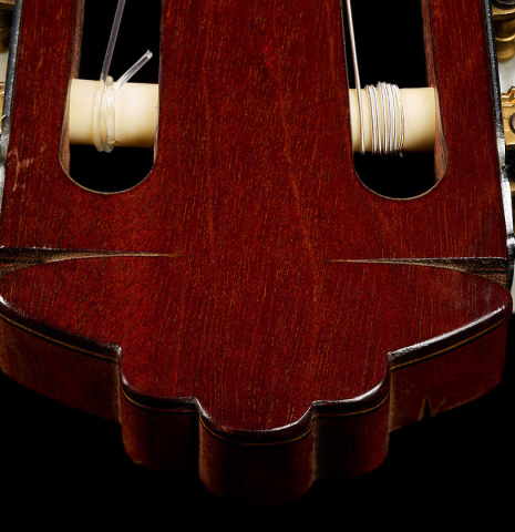 The headstock and tuning machines of a 1966 Marcelo Barbero (Hijo) flamenco guitar made of spruce and cypress