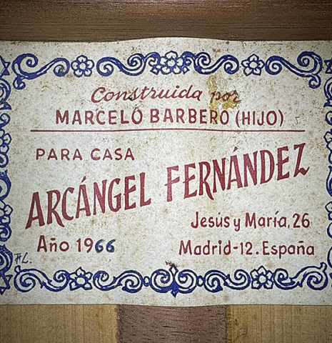 The label of a 1966 Marcelo Barbero (Hijo) flamenco guitar made of spruce and cypress