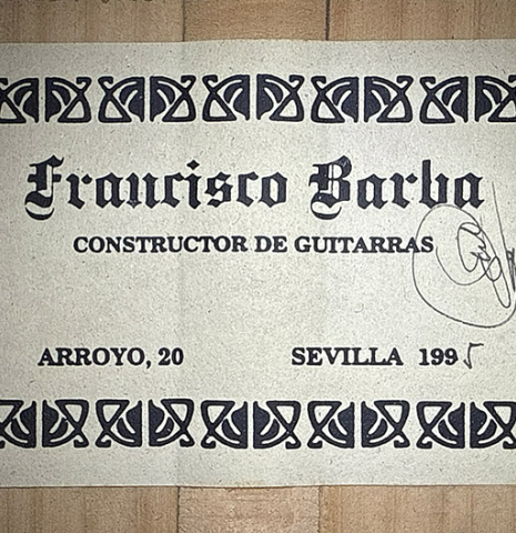 The label of a 1995 Francisco Barba flamenco guitar made of cedar and cypress