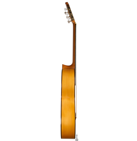The side of a 1995 Francisco Barba flamenco guitar made of cedar and cypress