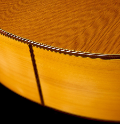 The top and sides at the foot of a 1995 Francisco Barba flamenco guitar made of cedar and cypress