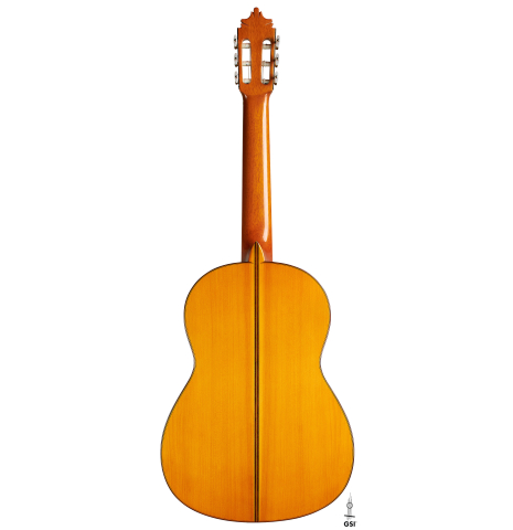 The back of a 2002 Jose Lopez Bellido 1aF flamenco guitar made of spruce and cypress