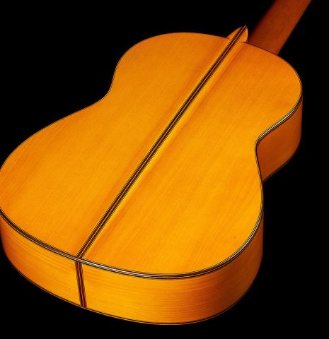 The back and sides at the foot of a 2002 Jose Lopez Bellido 1aF flamenco guitar made of spruce and cypress