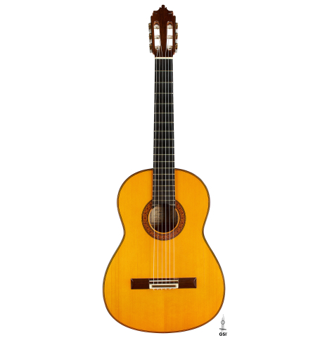 The front of a 2002 Jose Lopez Bellido 1aF flamenco guitar made of spruce and cypress