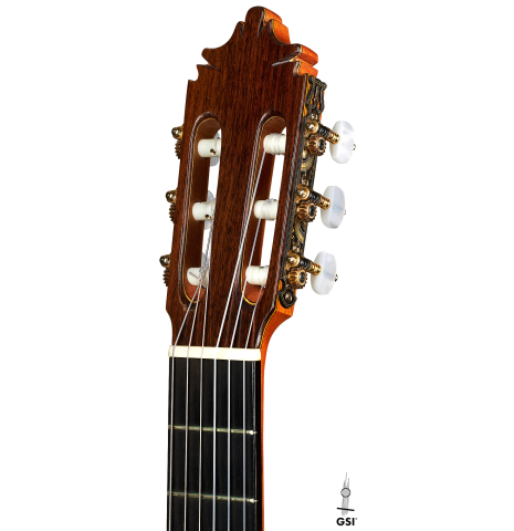 The headstock of a 2002 Jose Lopez Bellido 1aF flamenco guitar made of spruce and cypress