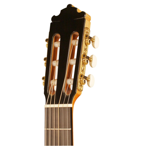 The headstock of a 2004 Paulino Bernabe "Blanca" flamenco guitar made of cedar and cypress