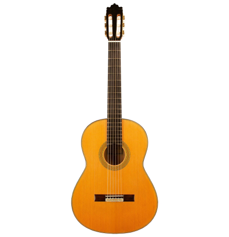 The front of a 2004 Paulino Bernabe "Blanca" flamenco guitar made of cedar and cypress