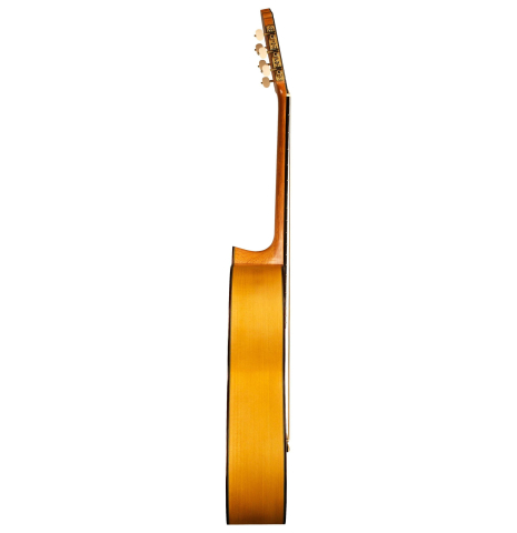 The side of a 2004 Paulino Bernabe &quot;Blanca&quot; flamenco guitar made of cedar and cypress