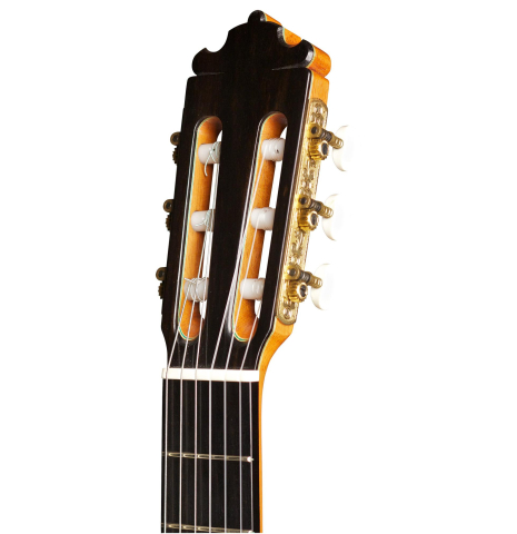 The headstock of a 2004 Paulino Bernabe "Flamenco Negra" flamenco guitar made of spruce and CSA rosewood