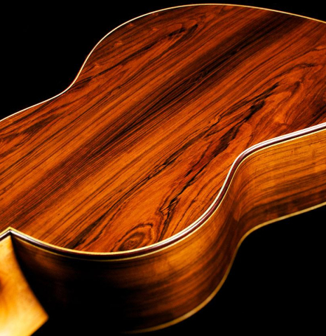 The back and sides of a 2004 Paulino Bernabe "Flamenco Negra" flamenco guitar made of spruce and CSA rosewood