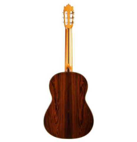 The back of a 2004 Paulino Bernabe "Flamenco Negra" flamenco guitar made of spruce and CSA rosewood