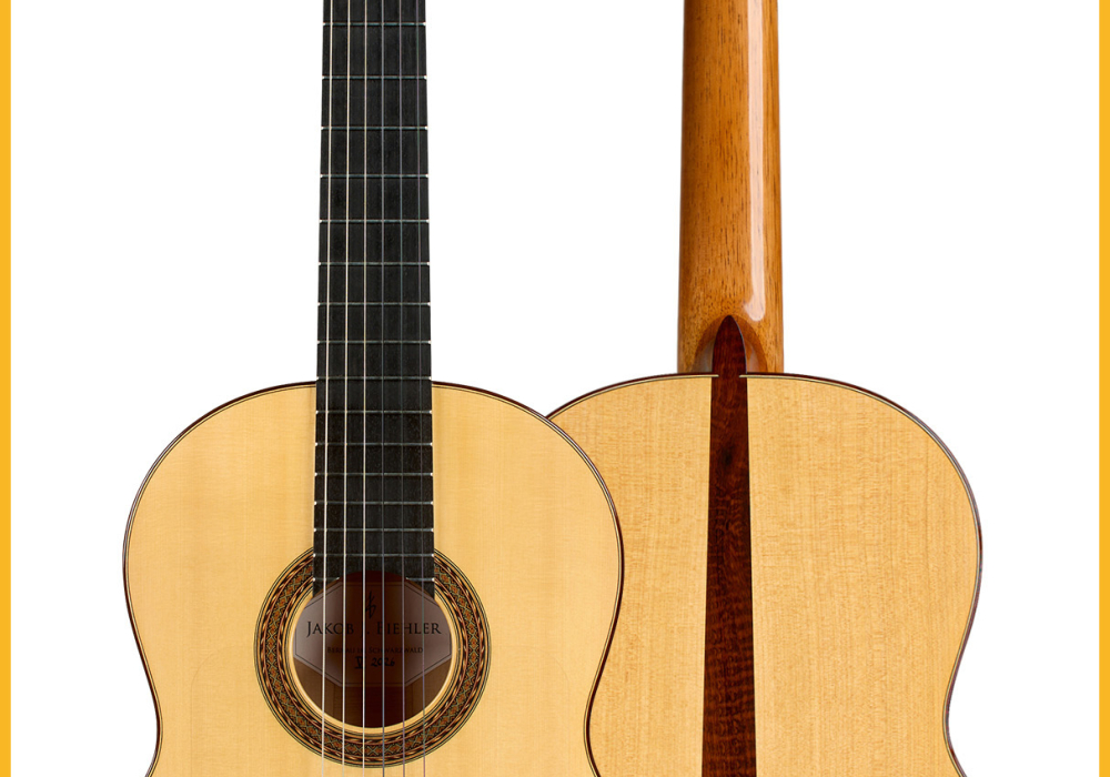 Front and back of a 2026 Jakob Biehler “Flamenca Blanca” flamenco guitar with pegs, spruce and cypress