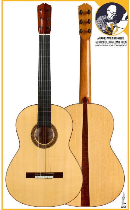 Front and back of a 2026 Jakob Biehler “Flamenca Blanca” flamenco guitar with pegs, spruce and cypress