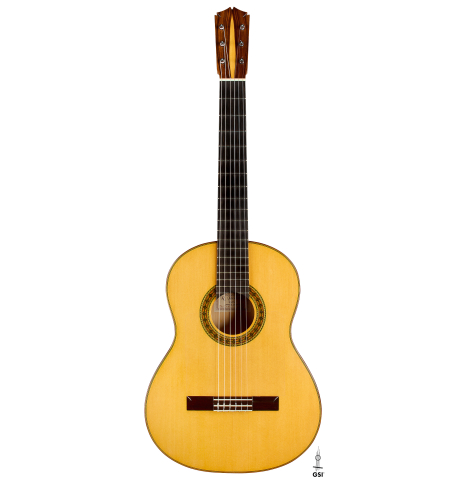The front of a 2012 Ron Bushman w/pegs flamenco guitar made of spruce and cypress