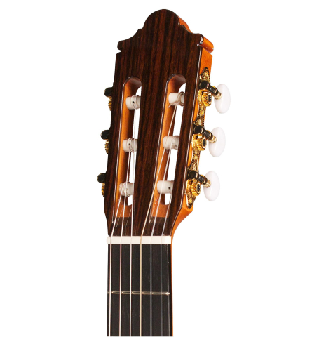 The headstock of a 2022 Hermanos Camps &quot;Primera Blanca&quot; flamenco guitar made of spruce and cypress