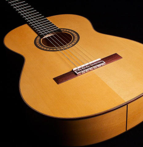 The front of a 2022 Hermanos Camps &quot;Primera Blanca&quot; flamenco guitar made of spruce and cypress
