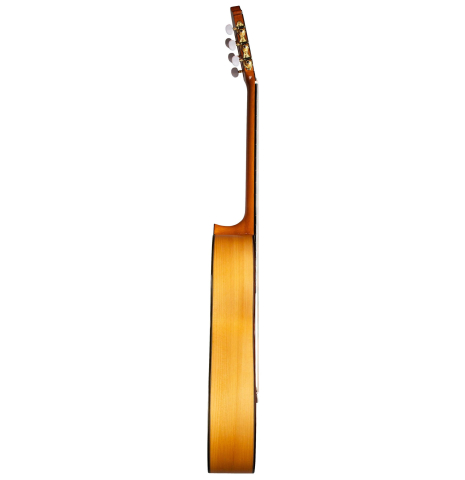 The side of a 2022 Hermanos Camps &quot;Primera Blanca&quot; flamenco guitar made of spruce and cypress