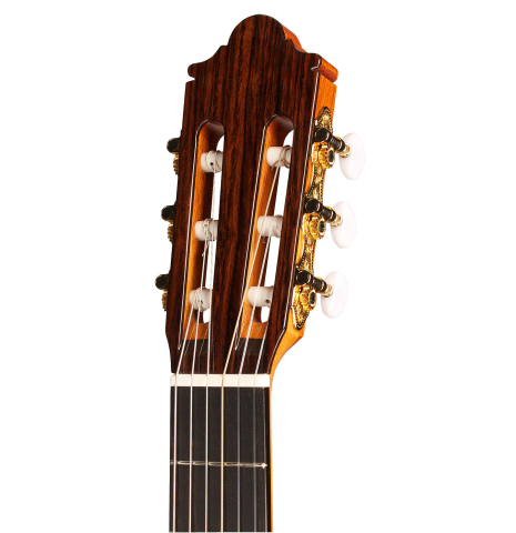 The headstock of a 2022 Hermanos Camps &quot;Primera Negra&quot; flamenco guitar made of spruce and Indian rosewood