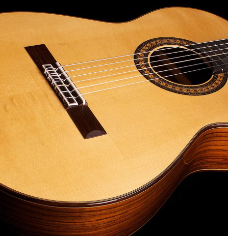 The soundboard and side of a Hermanos Camps "Primera Negra" flamenco guitar made of spruce and Indian rosewood