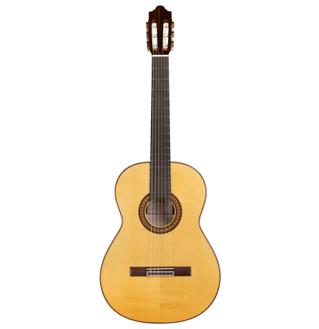 The front of a 2022 Hermanos Camps &quot;Primera Negra&quot; flamenco guitar made of spruce and Indian rosewood