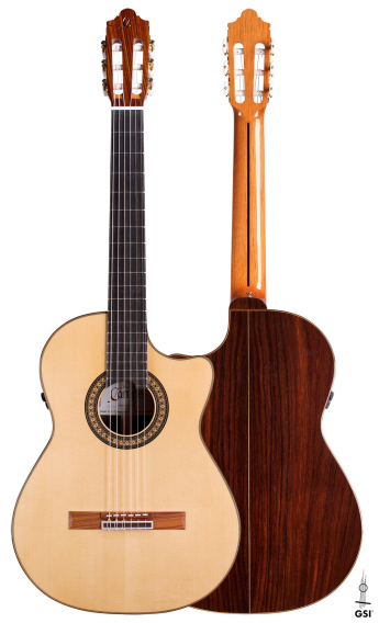 Front and back of a Hermanos Camps “FL11C Negra” cutaway electroacoustic flamenco guitar, spruce and Indian rosewood