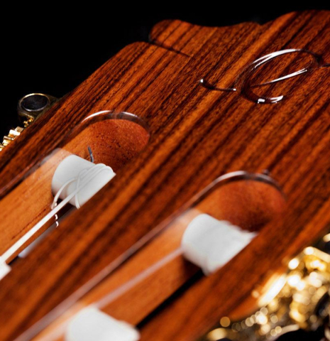 The headstock of a Hermanos Camps &quot;FL11C Negra&quot; flamenco guitar made of spruce and Indian rosewood