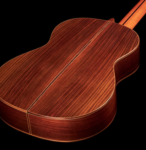The back and sides of a 2015 Hermanos Camps "Primera Negra" flamenco guitar made of spruce and Indian rosewood