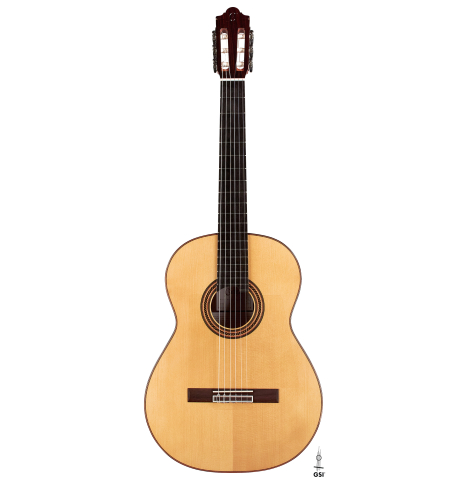 The front of a 2015 Hermanos Camps "Primera Negra" flamenco guitar made of spruce and Indian rosewood
