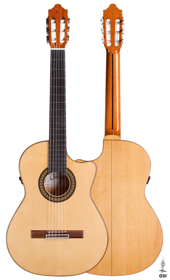 Front and back of a Hermanos Camps “FL11C Blanca” cutaway electroacoustic flamenco guitar, spruce and cypress