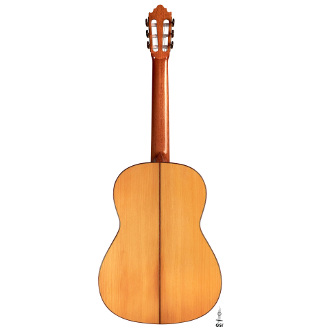 The back of a 2022 Vicente Carrillo "1aF Blanca" flamenco guitar made with spruce top and cypress back and sides