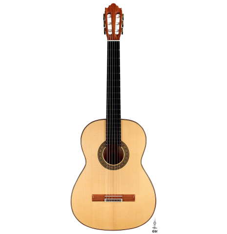 The front of a 2022 Vicente Carrillo &quot;1aF Blanca&quot; flamenco guitar made with spruce top and cypress back and sides
