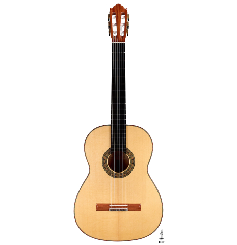 The front of a 2022 Vicente Carrillo "1aF Blanca" flamenco guitar made with spruce top and cypress back and sides