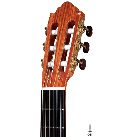 The headstock and tuners of a 2022 Vicente Carrillo &quot;1aF Blanca&quot; flamenco guitar made with spruce top and cypress back and sides