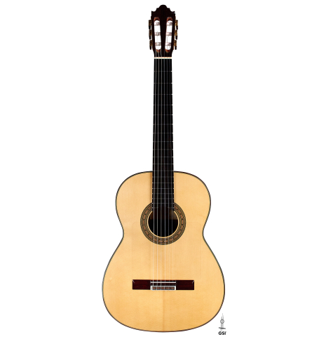 The front of a2022 Vicente Carrillo &quot;1aF Negra&quot; made with spruce top and African rosewood back and sides