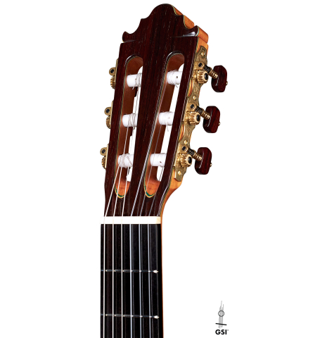 The headstock and machine heads of a2022 Vicente Carrillo &quot;1aF Negra&quot; made with spruce top and African rosewood back and sides