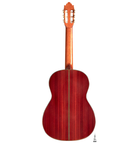 The back of a 2004 Vicente Carrillo &quot;1aF Negra&quot; flamenco guitar made of spruce and padauk