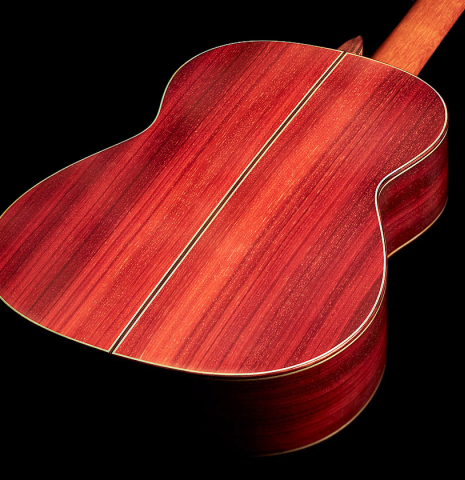 The back of a 2004 Vicente Carrillo &quot;1aF Negra&quot; flamenco guitar made of spruce and padauk