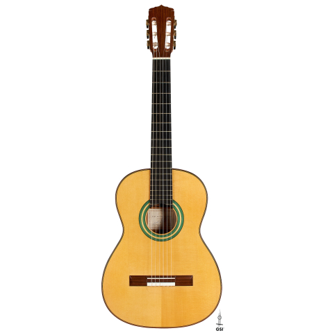This is the front of a 2007 Juan Miguel Carmona flamenco guitar made with spruce and cypress