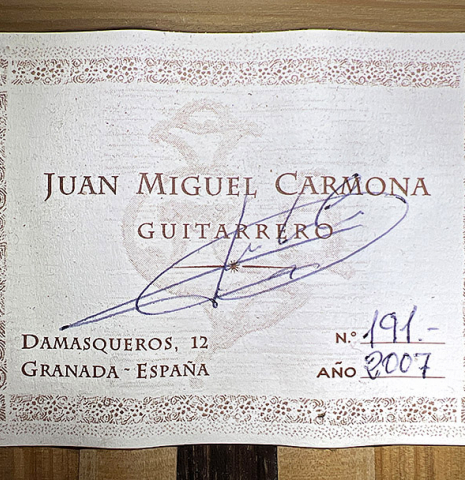 This is the label of a 2007 Juan Miguel Carmona flamenco guitar made with spruce and cypress
